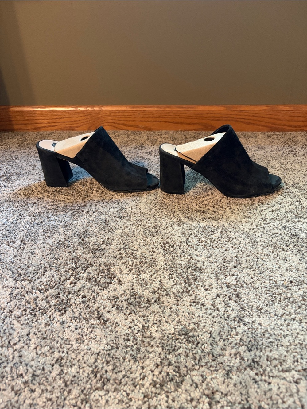 Steve Madden Black Suede Open-Peek Block Heel Mules